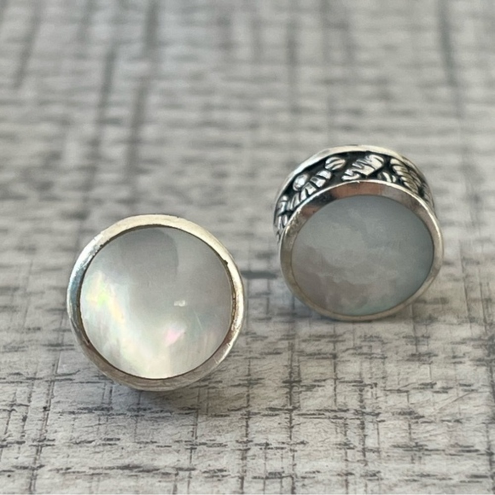 Sterling Silver Mother of Pearl Circular Stud Earrings with Antiqued Detail